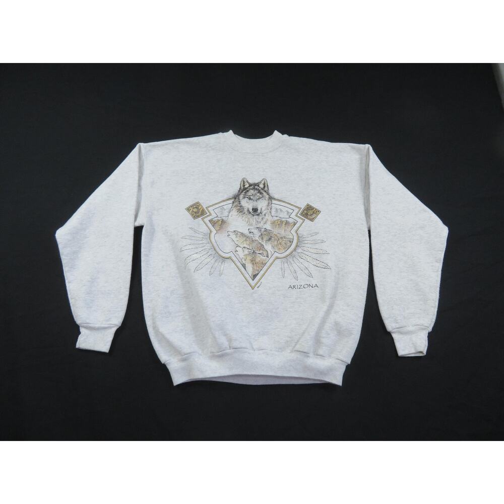Wolf Sweatshirt, Arizona Mountain Scene Graphic, Gray Sz L 1990s